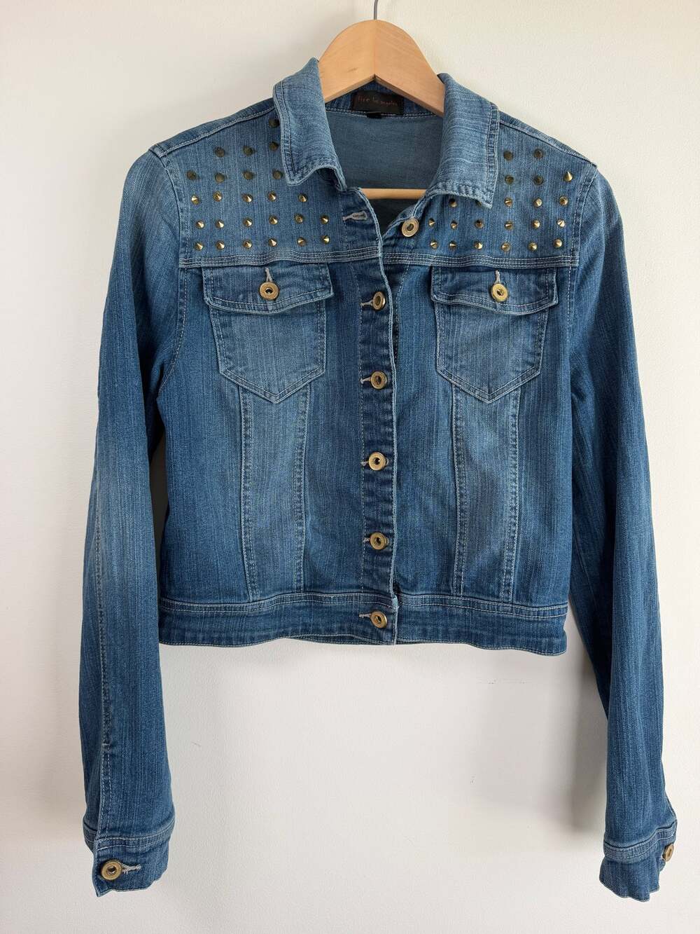 Fire Los Angeles Womens Studded Denim Jean Jacket Blue Cotton Stretch Y2K Size L
